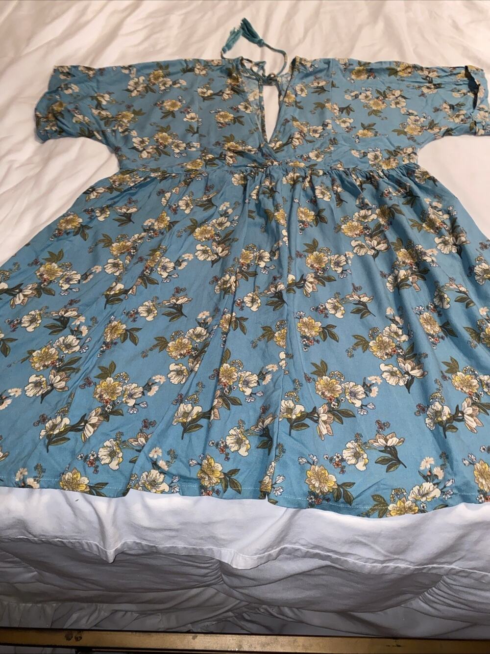O'Neill Rosemary Belize Short Dress Size M Blue Green Floral Tassel Tie 2 Pocket